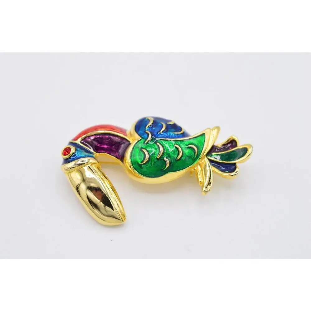 Vintage Toucan Pin Brooch Gold Bird Multi-Color Enamel Red Rhinestone 1980s 9B